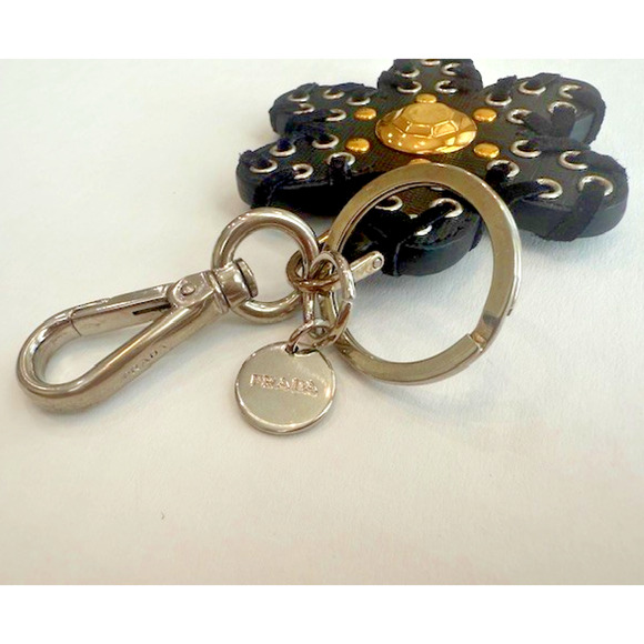 PRADA Flower BAG CHARM Key Ring Holder BLACK Leather Gold Silver METAL RARE AUTH - Picture 4 of 11